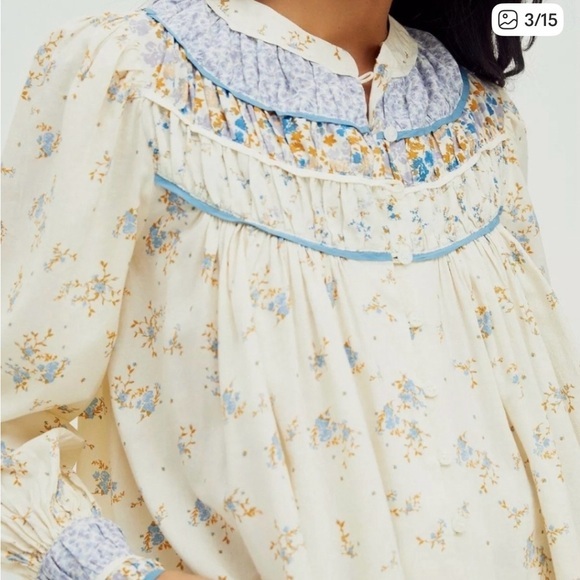 Free People Tops - FREE PEOPLE Paloma Ivory Blue Floral Print Boho Long Sleeve Button Shirt Medium